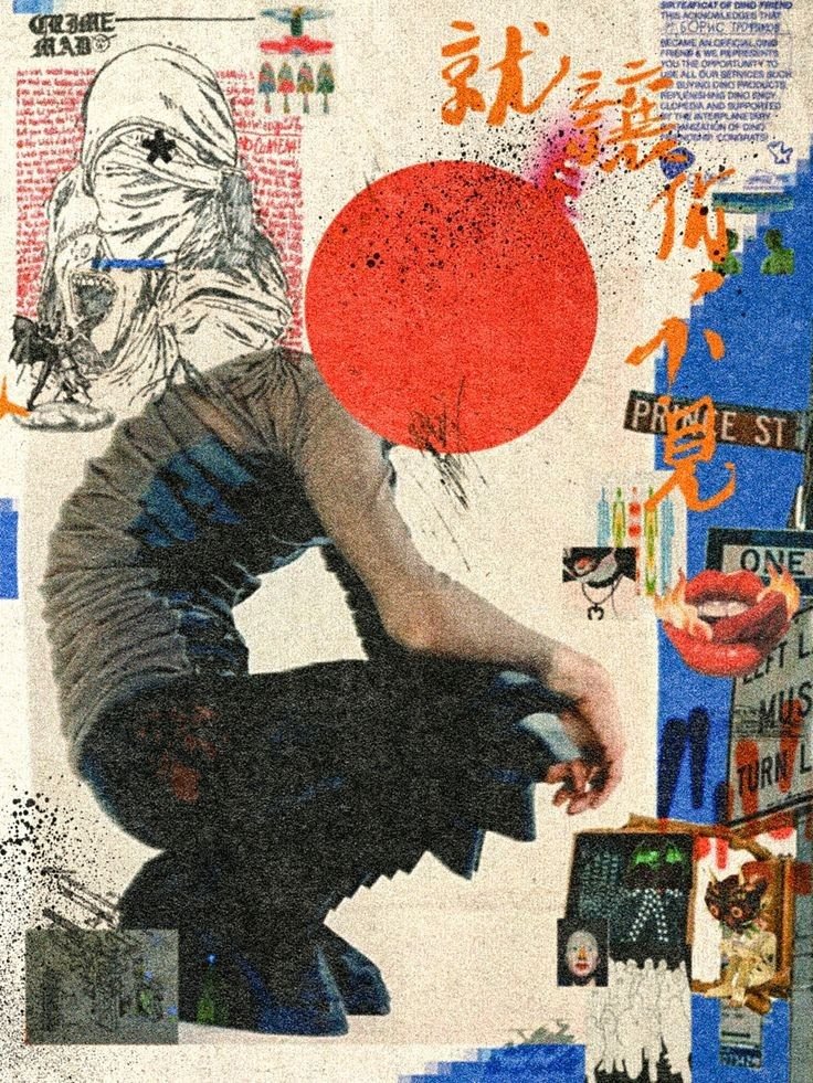 A chaotic mixed-media collage featuring a crouched figure with a large red circle for a head and urban elements.