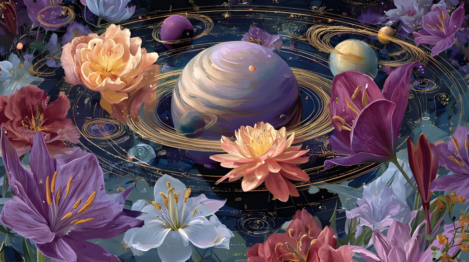 A surreal digital painting blending space and nature, featuring a large, Saturn-like planet in shades of lavender and cream at the center. The planet is surrounded by glowing, thin golden orbital rings that swirl with intricate patterns. This celestial scene is nestled within a dense, vibrant garden of oversized flowers, including deep purple lilies, a soft peach peony, and a pink lotus. The background is a dark, midnight-blue void filled with faint stars and expressive, painterly brushstrokes. The lighting is ethereal, with gold highlights from the rings reflecting off the delicate petals of the flowers.