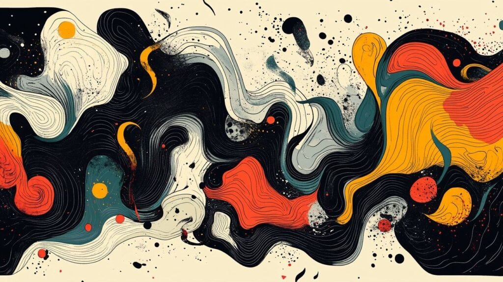 An abstract flow of swirling black, orange and cream lines accented by colorful dots and splatters in a panoramic layout.
