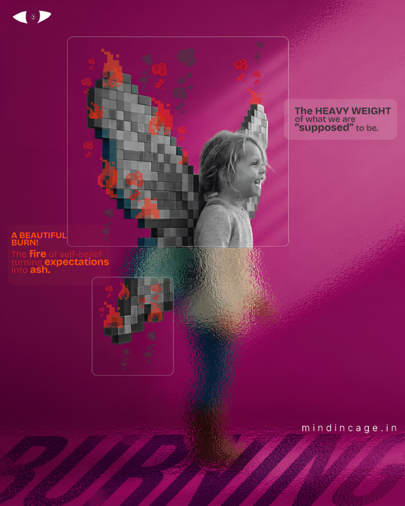 This is a stylized, conceptual digital artwork with a dominant vibrant magenta/purple background. It blends a black-and-white photograph of a young child with pixelated digital elements and multiple textures to explore themes of societal expectations and self-belief.