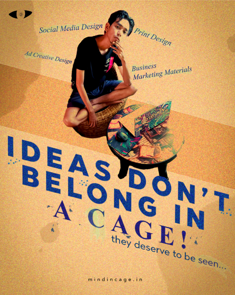 Graphic poster with a textured, sandy-yellow background featuring a young man sitting cross-legged on a wicker chair in the upper section, thoughtfully resting his chin on his hand. Next to him is a small round table with a laptop that has a colorful, patterned skin reading "DAYDREAMING," along with a matching mousepad. Floating around the man are text phrases in a blue script font: "Social Media Design," "Print Design," "Ad Creative Design," and "Business Marketing Materials." In the top left corner, there is a stylized logo of an eye with a spiral pupil.