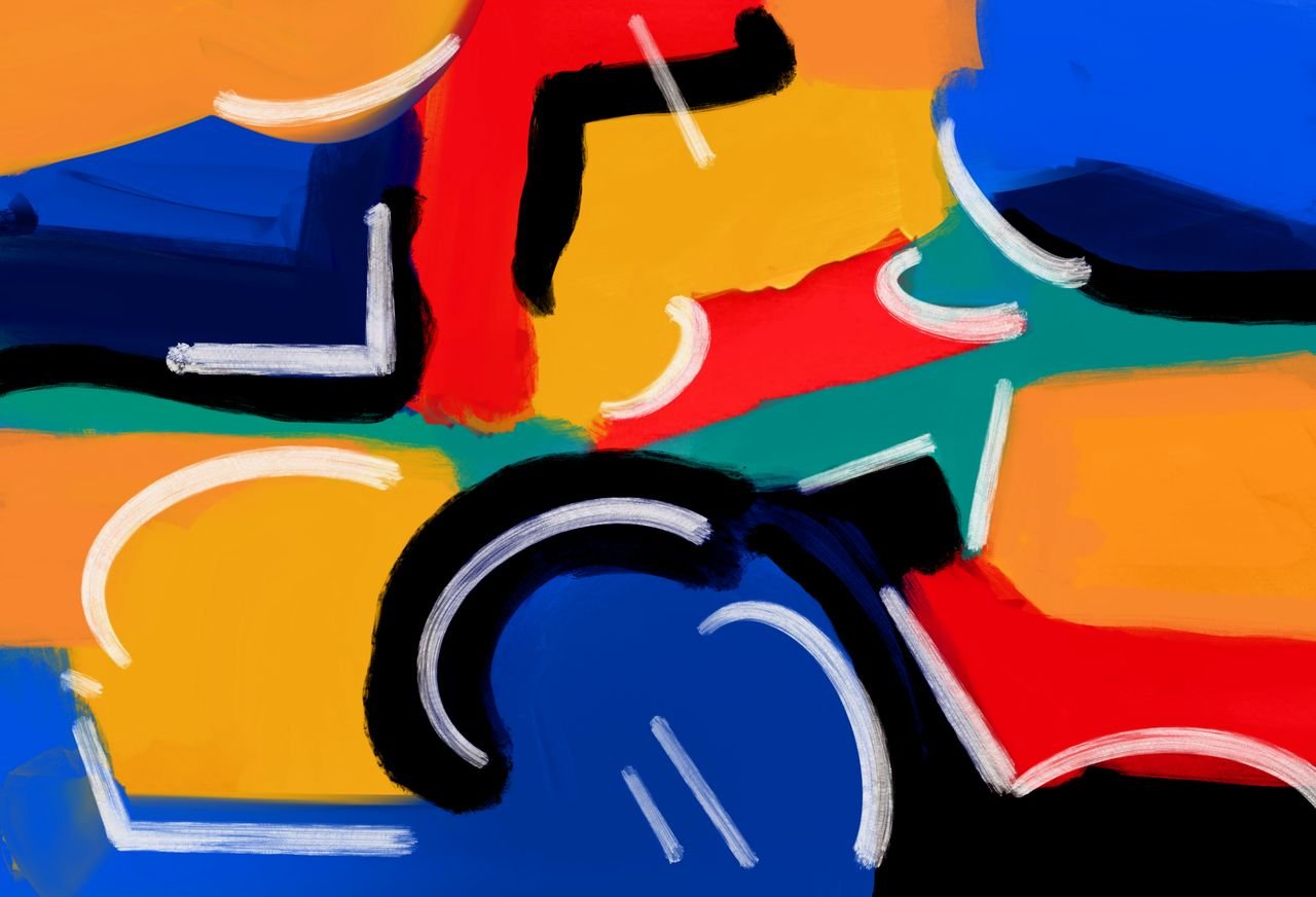 Vibrant abstract painting featuring dynamic shapes and bold, contrasting colors in a modern art style.